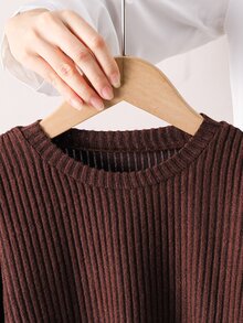 SHEIN 2件組少女時尚休閒落肩條紋針織「微笑」圖案T恤與內搭褲，棕色套裝 - 棕色 - 查看 6