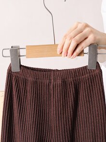 SHEIN 2件組少女時尚休閒落肩條紋針織「微笑」圖案T恤與內搭褲，棕色套裝 - 棕色 - 查看 9