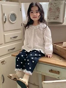 Baby Girl New Casual Soft Cute Heart Pattern Lace Trim Dark Blue Denim Loose Cuffed Pants,Fall/Winter,For Baby Girls School Clothes,Toddler Jeans - Medium Wash - View 2