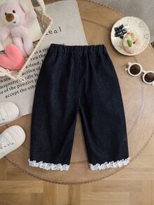 Baby Girl New Casual Soft Cute Heart Pattern Lace Trim Dark Blue Denim Loose Cuffed Pants,Fall/Winter,For Baby Girls School Clothes,Toddler Jeans - Medium Wash - View 9