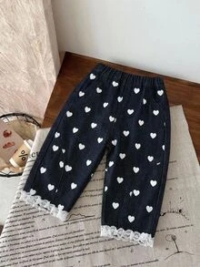Baby Girl New Casual Soft Cute Heart Pattern Lace Trim Dark Blue Denim Loose Cuffed Pants,Fall/Winter,For Baby Girls School Clothes,Toddler Jeans - Medium Wash - View 6