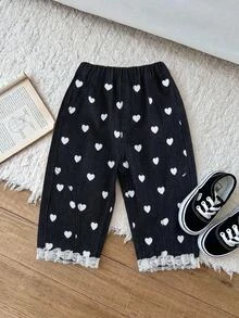 Baby Girl New Casual Soft Cute Heart Pattern Lace Trim Dark Blue Denim Loose Cuffed Pants,Fall/Winter,For Baby Girls School Clothes,Toddler Jeans - Medium Wash - View 8