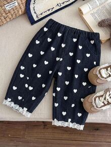 Baby Girl New Casual Soft Cute Heart Pattern Lace Trim Dark Blue Denim Loose Cuffed Pants,Fall/Winter,For Baby Girls School Clothes,Toddler Jeans - Medium Wash - View 10