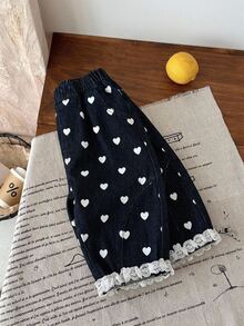 Baby Girl New Casual Soft Cute Heart Pattern Lace Trim Dark Blue Denim Loose Cuffed Pants,Fall/Winter,For Baby Girls School Clothes,Toddler Jeans - Medium Wash - View 7