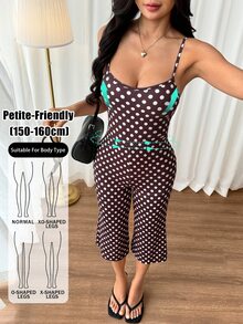 SHEIN PETITE Women's Brown And White Polka Dot Print Spaghetti Strap Jumpsuit Vacation Summer Sexy,Holiday Outfits,Jumpsuits For Women,Elegant Jumpsuit,Petite - Brown - View 10