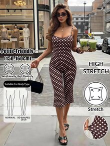 SHEIN PETITE Women's Brown And White Polka Dot Print Spaghetti Strap Jumpsuit Vacation Summer Sexy,Holiday Outfits,Jumpsuits For Women,Elegant Jumpsuit,Petite - Brown - View 1