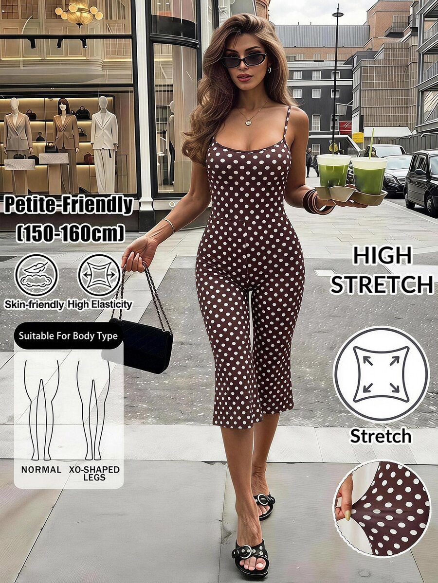 SHEIN PETITE Women's Brown And White Polka Dot Print Spaghetti Strap Jumpsuit Vacation Summer Sexy,Holiday Outfits,Jumpsuits For Women,Elegant Jumpsuit,Petite - Brown - View 1