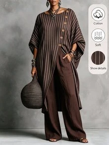 Linhara CURVE Plus Size Striped Fabric Boat Neck 3/4 Sleeve Ruffle Sleeve Side Slit Button Decor Long Shirt + Elastic Waist Loose Straight Leg Pants 2 Pieces Set Casual Outing Date Party Daily Commute - Coffee Brown - View 1