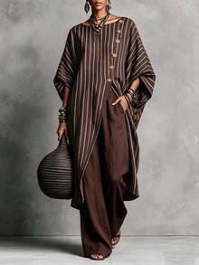 Linhara CURVE Plus Size Striped Fabric Boat Neck 3/4 Sleeve Ruffle Sleeve Side Slit Button Decor Long Shirt + Elastic Waist Loose Straight Leg Pants 2 Pieces Set Casual Outing Date Party Daily Commute - Coffee Brown - View 5