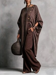 Linhara CURVE Plus Size Striped Fabric Boat Neck 3/4 Sleeve Ruffle Sleeve Side Slit Button Decor Long Shirt + Elastic Waist Loose Straight Leg Pants 2 Pieces Set Casual Outing Date Party Daily Commute - Coffee Brown - View 6