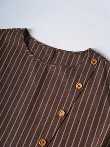Linhara CURVE Plus Size Striped Fabric Boat Neck 3/4 Sleeve Ruffle Sleeve Side Slit Button Decor Long Shirt + Elastic Waist Loose Straight Leg Pants 2 Pieces Set Casual Outing Date Party Daily Commute - Coffee Brown - View 10