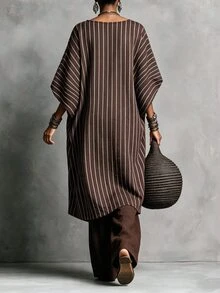 Linhara CURVE Plus Size Striped Fabric Boat Neck 3/4 Sleeve Ruffle Sleeve Side Slit Button Decor Long Shirt + Elastic Waist Loose Straight Leg Pants 2 Pieces Set Casual Outing Date Party Daily Commute - Coffee Brown - View 2