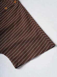 Linhara CURVE Plus Size Striped Fabric Boat Neck 3/4 Sleeve Ruffle Sleeve Side Slit Button Decor Long Shirt + Elastic Waist Loose Straight Leg Pants 2 Pieces Set Casual Outing Date Party Daily Commute - Coffee Brown - View 11