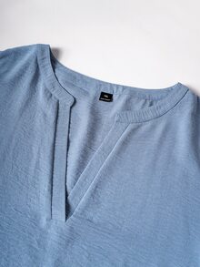 Linhara CURVE Plus Size Denim Effect Textured Fabric Mock Neck V-Notch Long Sleeve Loose Straight Fit Casual Shirt For Outings, Dates, Gatherings, Commuting And Daily Wear - Blue - View 8