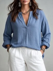 Linhara CURVE Plus Size Denim Effect Textured Fabric Mock Neck V-Notch Long Sleeve Loose Straight Fit Casual Shirt For Outings, Dates, Gatherings, Commuting And Daily Wear - Blue - View 4