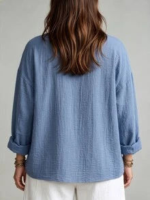 Linhara CURVE Plus Size Denim Effect Textured Fabric Mock Neck V-Notch Long Sleeve Loose Straight Fit Casual Shirt For Outings, Dates, Gatherings, Commuting And Daily Wear - Blue - View 2