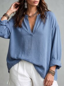 Linhara CURVE Plus Size Denim Effect Textured Fabric Mock Neck V-Notch Long Sleeve Loose Straight Fit Casual Shirt For Outings, Dates, Gatherings, Commuting And Daily Wear - Blue - View 6