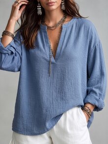 Linhara CURVE Plus Size Denim Effect Textured Fabric Mock Neck V-Notch Long Sleeve Loose Straight Fit Casual Shirt For Outings, Dates, Gatherings, Commuting And Daily Wear - Blue - View 1