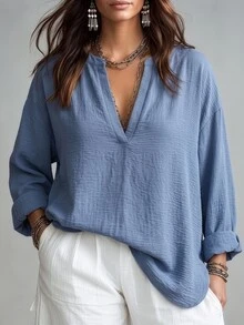 Linhara CURVE Plus Size Denim Effect Textured Fabric Mock Neck V-Notch Long Sleeve Loose Straight Fit Casual Shirt For Outings, Dates, Gatherings, Commuting And Daily Wear - Blue - View 5