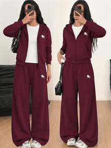 SHEIN 3件組 青少年女孩休閒街頭風 刷毛內裡拉鍊夾克、城市印花短袖喇叭褲 秋冬款 Sixth Form 酒紅色 Cruise - 酒紅色 - 查看 1