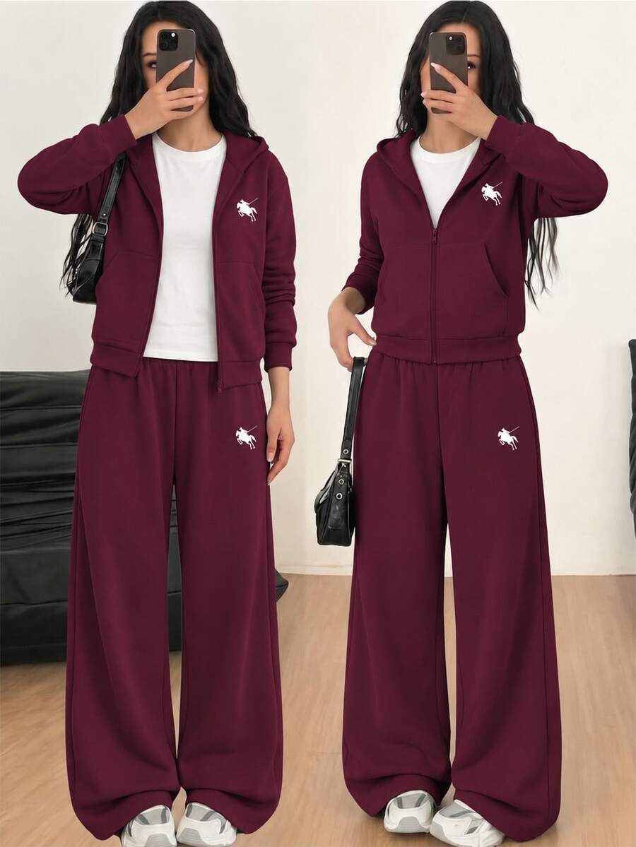 SHEIN 3件組 青少年女孩休閒街頭風 刷毛內裡拉鍊夾克、城市印花短袖喇叭褲 秋冬款 Sixth Form 酒紅色 Cruise - 酒紅色 - 查看 1