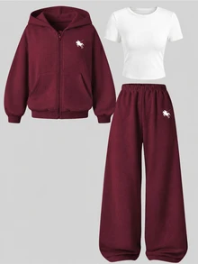 SHEIN 3件組 青少年女孩休閒街頭風 刷毛內裡拉鍊夾克、城市印花短袖喇叭褲 秋冬款 Sixth Form 酒紅色 Cruise - 酒紅色 - 查看 4