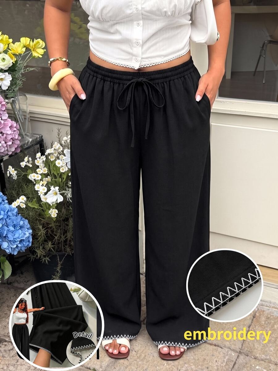 GalTyme Plus Size Women's Solid Color Drawstring Waist Loose Casual Pants Fall
