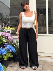 GalTyme Plus Size Women's Solid Color Drawstring Waist Loose Casual Pants Fall - Multicolor - View 5
