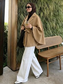 Selianne French Lapel Cape Overcoat With Waist Tie Cinched Waist Loose Shawl Style Modest Solid Color Autumn/Winter Outerwear - Khaki - View 4