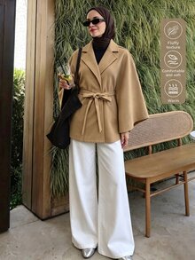 Selianne French Lapel Cape Overcoat With Waist Tie Cinched Waist Loose Shawl Style Modest Solid Color Autumn/Winter Outerwear - Khaki - View 5