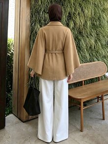 Selianne French Lapel Cape Overcoat With Waist Tie Cinched Waist Loose Shawl Style Modest Solid Color Autumn/Winter Outerwear - Khaki - View 2