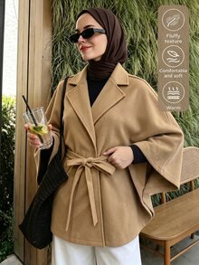 Selianne French Lapel Cape Overcoat With Waist Tie Cinched Waist Loose Shawl Style Modest Solid Color Autumn/Winter Outerwear - Khaki - View 1