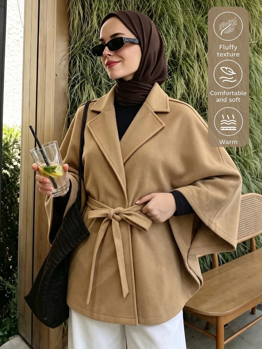 Selianne French Lapel Cape Overcoat With Waist Tie Cinched Waist Loose Shawl Style Modest Solid Color Autumn/Winter Outerwear - Khaki - View 1