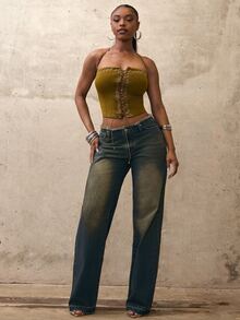 Denimoi Low Rise Raw Edge Straight Leg Jeans Sexy Jeans Y2K Fashion Low Rise Jeans, Streetwear Chic - Dark Wash - View 3