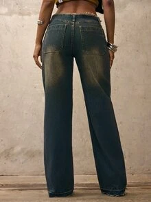 Denimoi Low Rise Raw Edge Straight Leg Jeans Sexy Jeans Y2K Fashion Low Rise Jeans, Streetwear Chic - Dark Wash - View 5