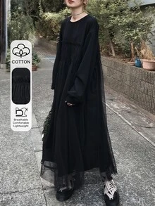 FRIFUL Gaun Panjang Wanita Warna Polos Leher Bulat Lengan Panjang dengan Hem Jala untuk Musim Gugur - Hitam - View 1
