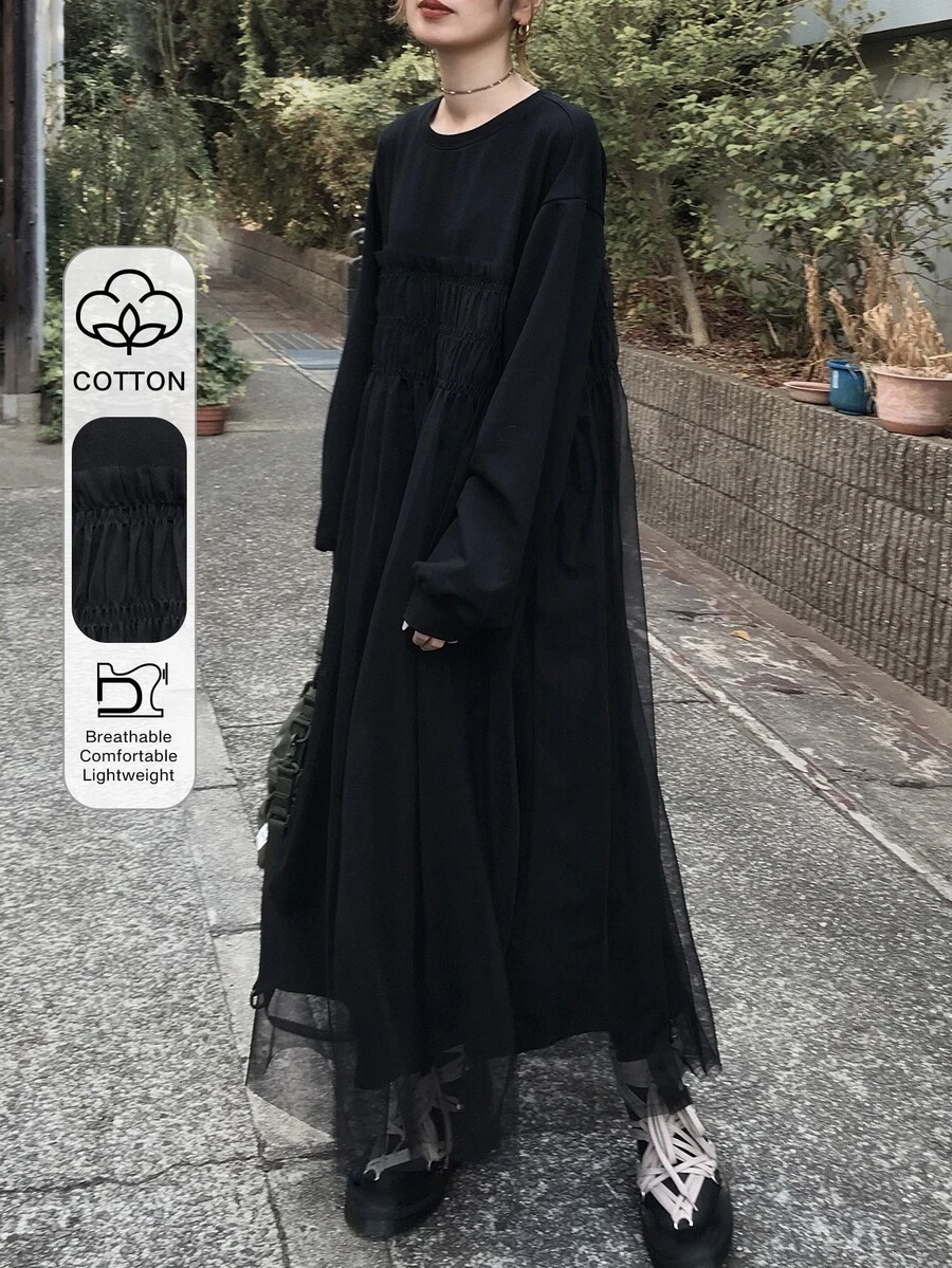 FRIFUL Gaun Panjang Wanita Warna Polos Leher Bulat Lengan Panjang dengan Hem Jala untuk Musim Gugur - Hitam - View 1