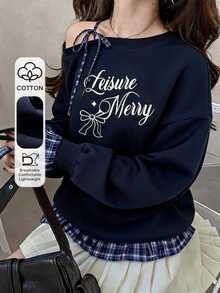 FRIFUL Women's Letter Print Asymmetrical Shoulder Casual Everyday Long Sleeve Sweatshirt Fall - Blue - View 1