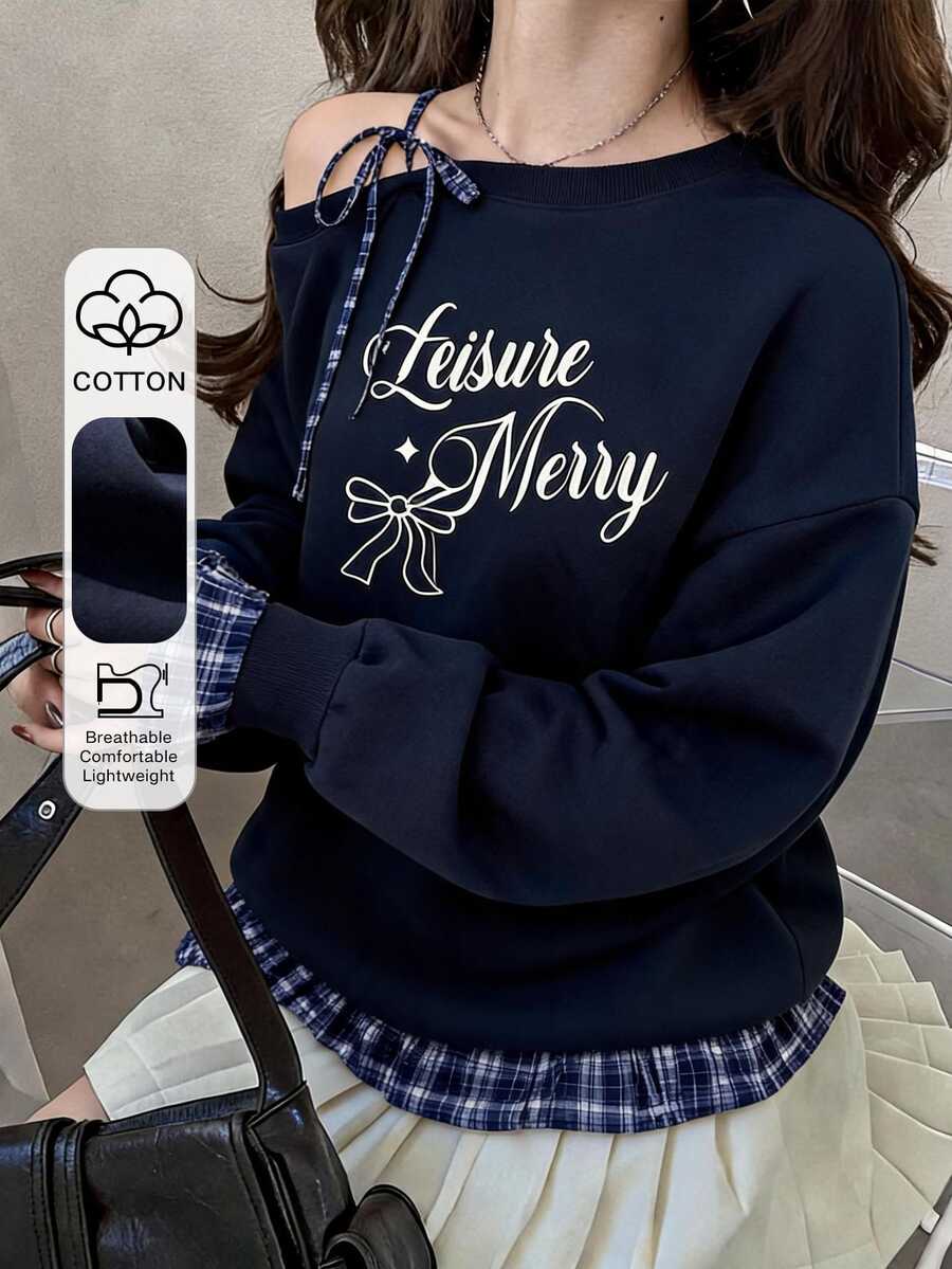 FRIFUL Women's Letter Print Asymmetrical Shoulder Casual Everyday Long Sleeve Sweatshirt Fall - Blue - View 1