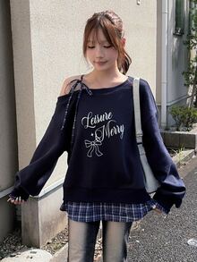 FRIFUL Women's Letter Print Asymmetrical Shoulder Casual Everyday Long Sleeve Sweatshirt Fall - Blue - View 7