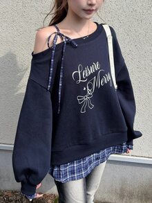 FRIFUL Women's Letter Print Asymmetrical Shoulder Casual Everyday Long Sleeve Sweatshirt Fall - Blue - View 2