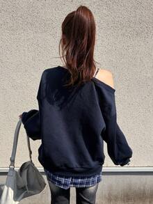 FRIFUL Women's Letter Print Asymmetrical Shoulder Casual Everyday Long Sleeve Sweatshirt Fall - Blue - View 9