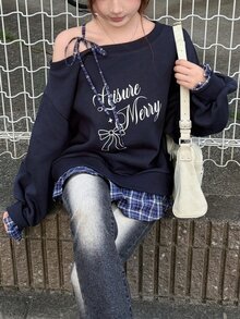 FRIFUL Women's Letter Print Asymmetrical Shoulder Casual Everyday Long Sleeve Sweatshirt Fall - Blue - View 5