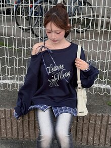 FRIFUL Women's Letter Print Asymmetrical Shoulder Casual Everyday Long Sleeve Sweatshirt Fall - Blue - View 6