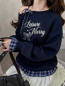 FRIFUL Women's Letter Print Asymmetrical Shoulder Casual Everyday Long Sleeve Sweatshirt Fall - Blue - View 10