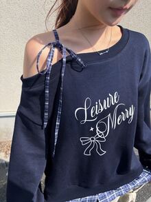 FRIFUL Women's Letter Print Asymmetrical Shoulder Casual Everyday Long Sleeve Sweatshirt Fall - Blue - View 4