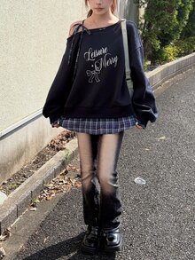 FRIFUL Women's Letter Print Asymmetrical Shoulder Casual Everyday Long Sleeve Sweatshirt Fall - Blue - View 3