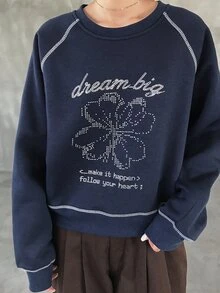 FRIFUL Moletom Casual de Manga Longa Raglan com Estampa de Letra & Floral para Mulheres, Outono - Azul Marinho - Visão 1