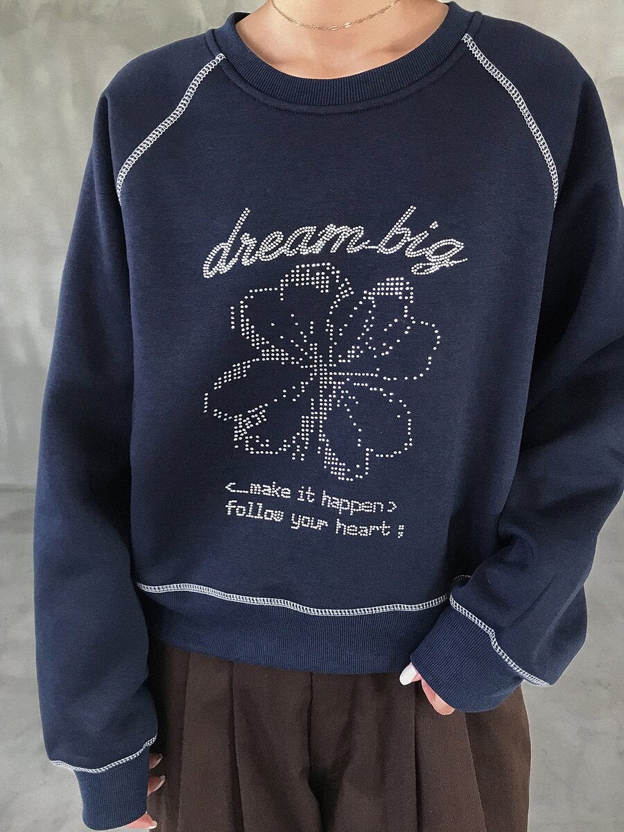 FRIFUL Moletom Casual de Manga Longa Raglan com Estampa de Letra & Floral para Mulheres, Outono - Azul Marinho - Visão 1