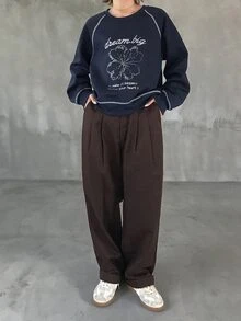 FRIFUL Moletom Casual de Manga Longa Raglan com Estampa de Letra & Floral para Mulheres, Outono - Azul Marinho - Visão 5